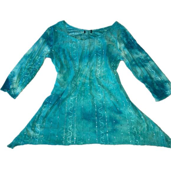 Tie dye sequin ribbon turquoise tunic top fairycore boho hippie mermaidcore Y2K - Picture 1 of 5